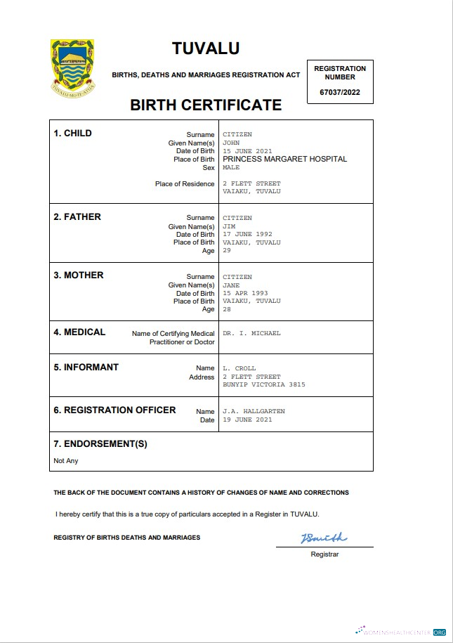 Download Tuvalu birth certificate Word and PDF template Photoshop template